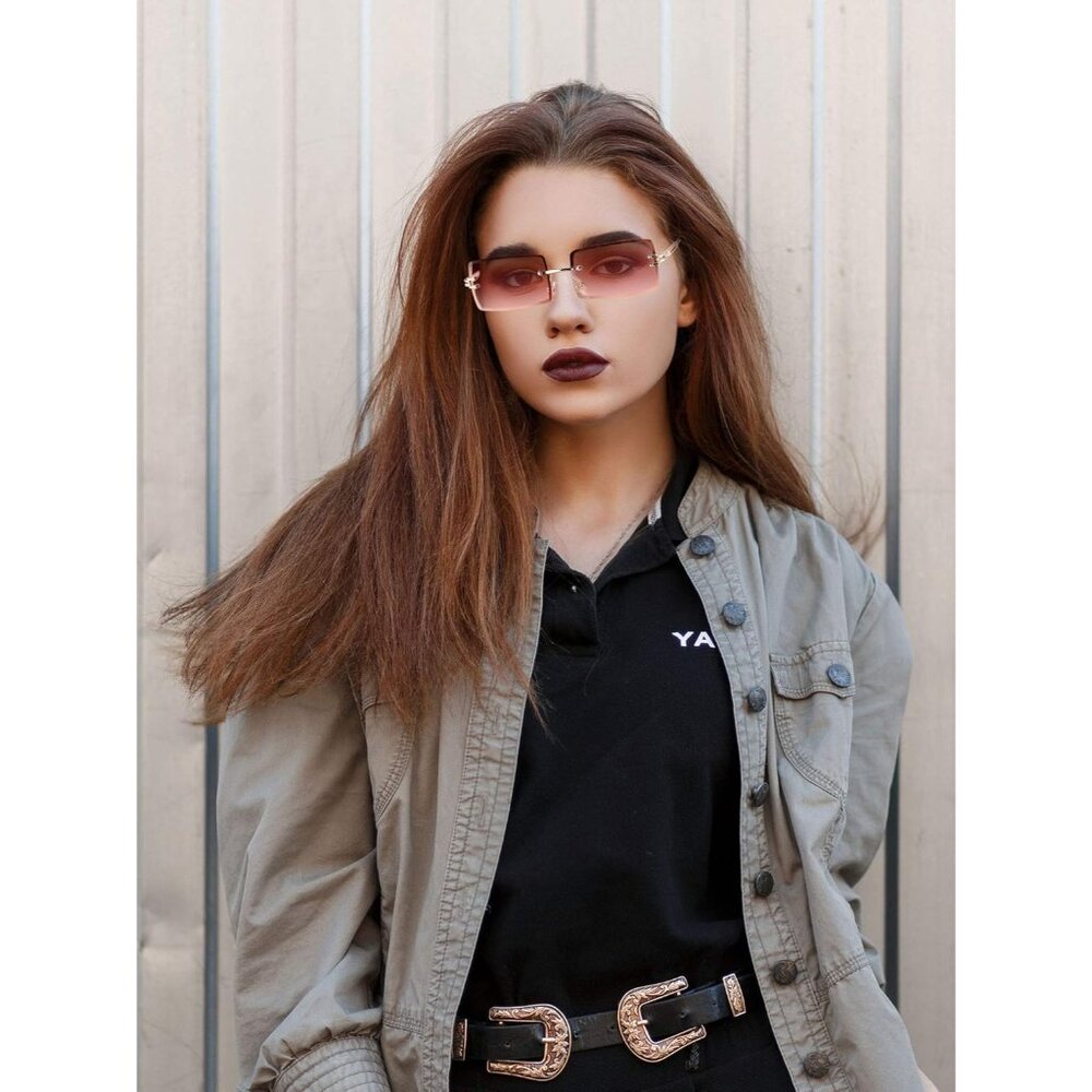 Rimless Rectangle Sunglasses Tinted Frameless Eye… - image 6